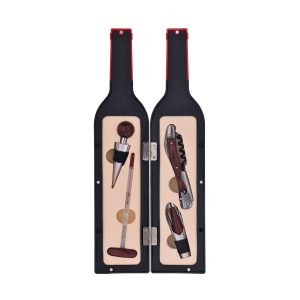 Coffret Forme Bouteille de Vin, 4 accessoires, Plastique, Noir